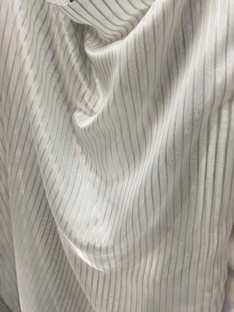 P Kaufmann Crossing Elegant Silver Stripe Sheer Polyester Sheer Fabric - Silver Stripe, 126" Width (1 Yard)