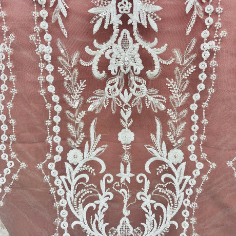 1 Yard Beaded Lace Embroidered 100% Polyester Net Sheer Bridal & Evening Dress Fabric