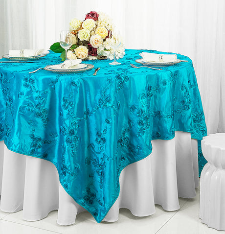 Ribbon Taffeta Table Overlay 85x85 Square Turquoise