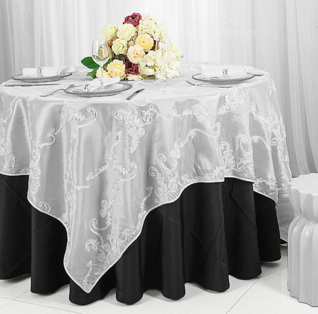 Square Ribbon Taffeta Table Overlay 85x85 White