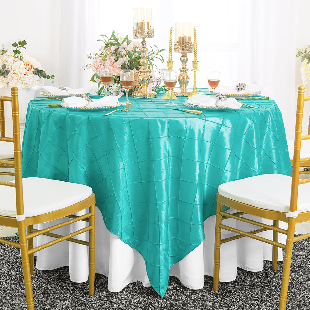 Pintuck Taffeta Square Table Overlay 85x85 Pool Blue