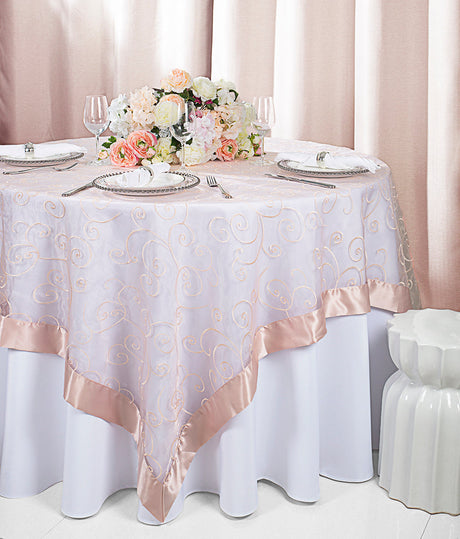 Embroidered Organza Table Overlay 85x85 Square Blush Pink