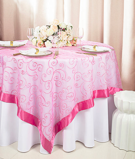 Embroidered Organza Square Table Overlay 85x85 Bubble Gum