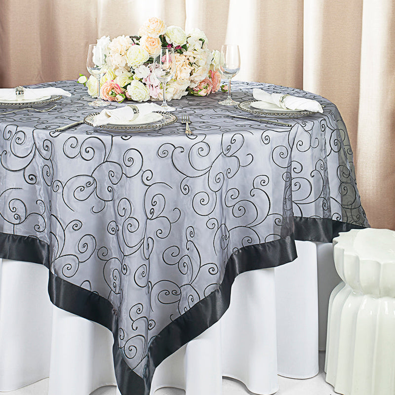 Embroidered Organza Table Overlay 85x85 Square Pewter/Charcoal