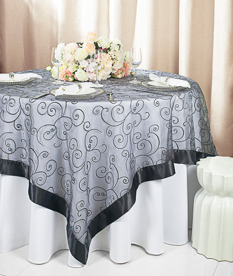 Embroidered Organza Table Overlay 85x85 Square Pewter/Charcoal