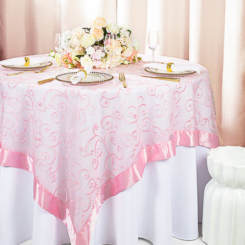 Embroidered Organza Square Table Overlay 85x85 Pink