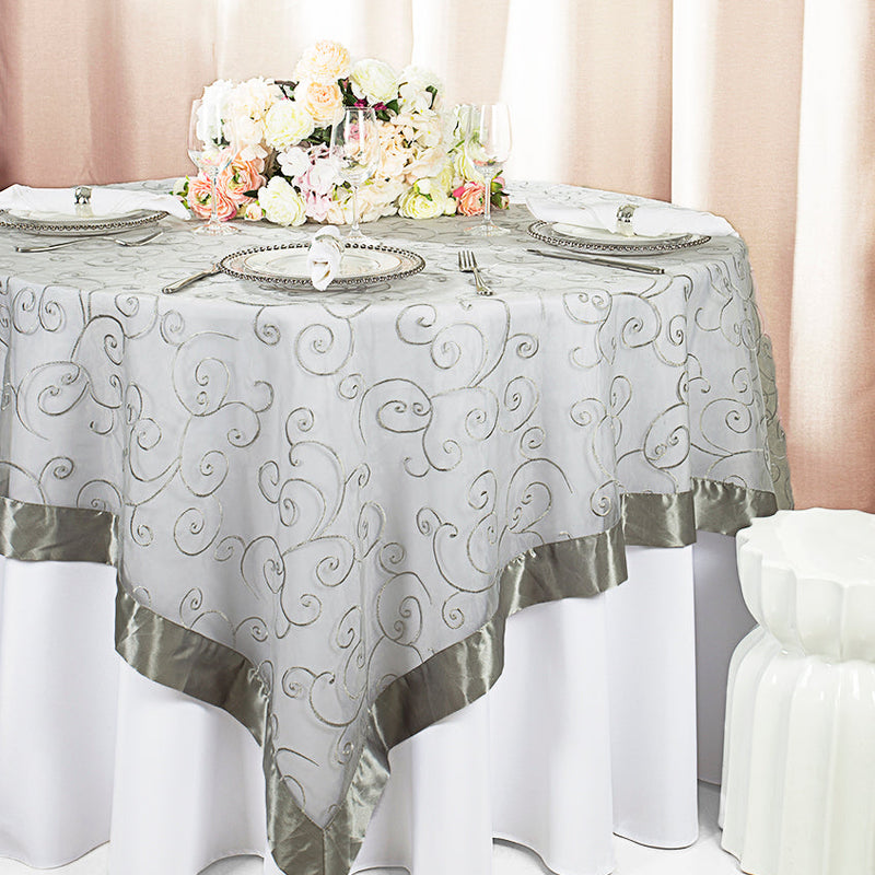 Embroidered Organza Square Table Overlay 85x85 Silver