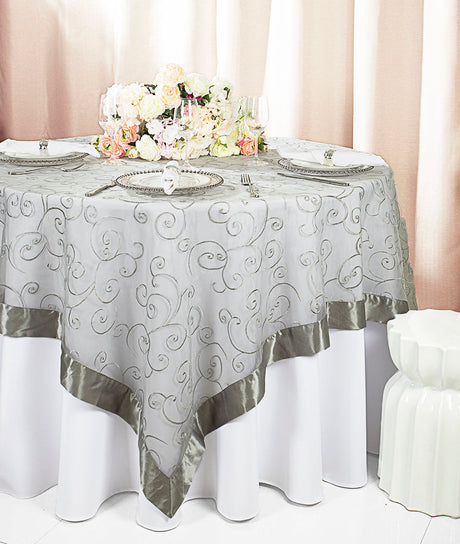 Embroidered Organza Square Table Overlay 85x85 Silver