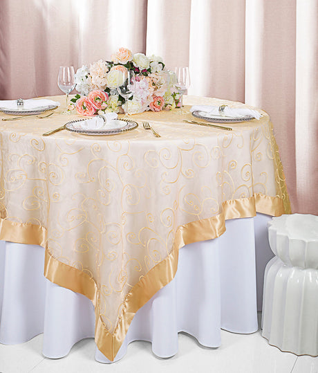 Embroidered Organza Square Table Overlay 85x85 Champagne