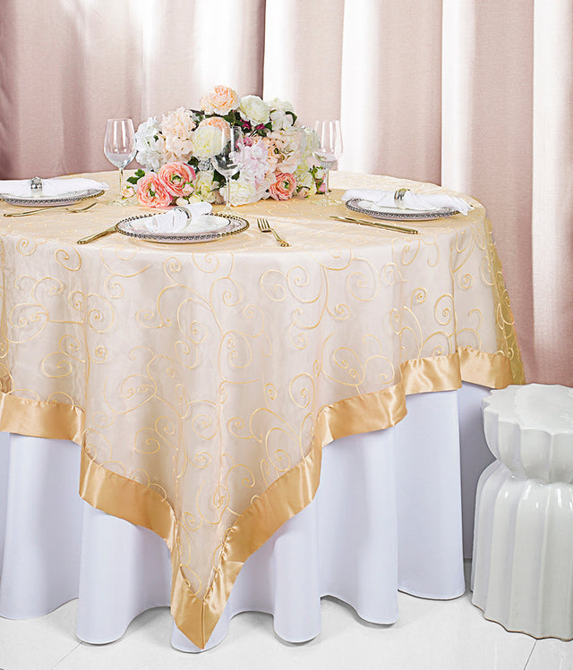 Embroidered Organza Square Table Overlay 85x85 Champagne