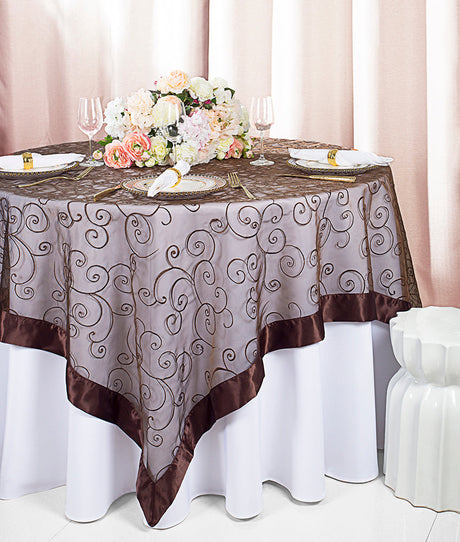 Embroidered Organza Square Table Overlay 85x85 Chocolate