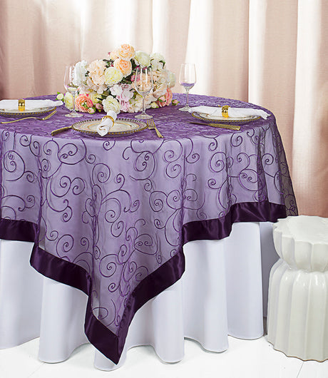 Embroidered Organza Square Table Overlay 85x85 Eggplant