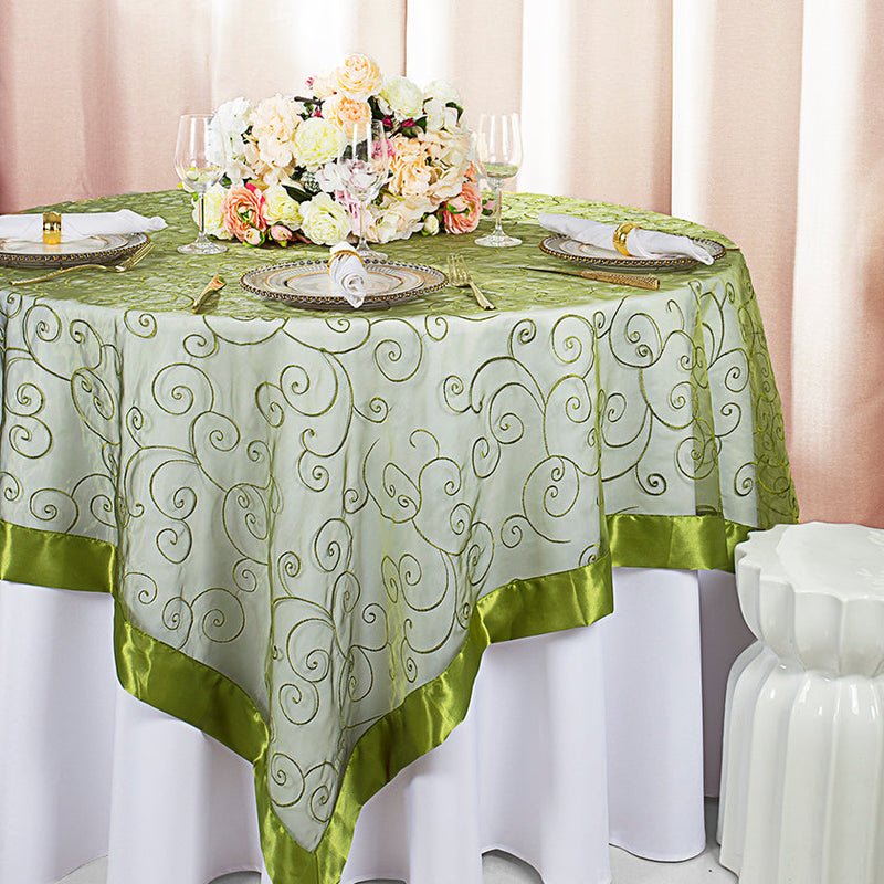 Embroidered Organza Square Table Overlay 85x85 Moss Green