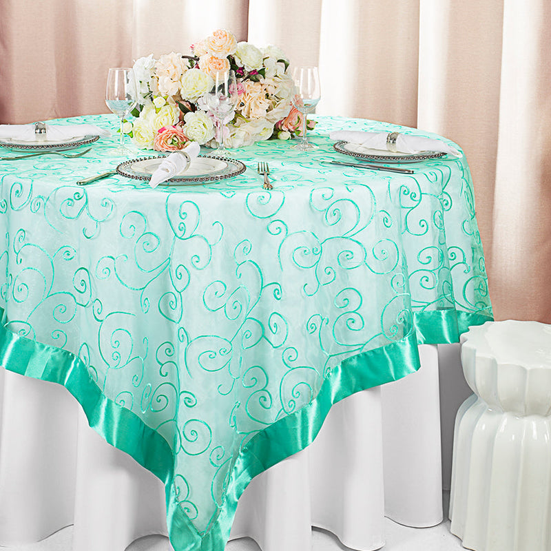 Embroidered Organza Table Overlay 85x85 Square Tiff Blue/Aqua Blue