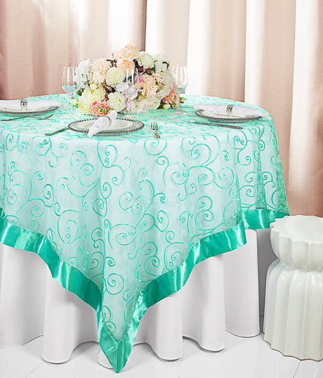 Embroidered Organza Table Overlay 85x85 Square Tiff Blue/Aqua Blue