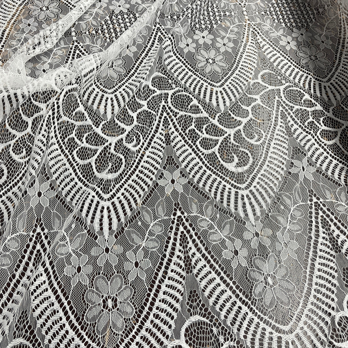 Embroidered Chantilly Lace Fabric with Eyelash Scallop