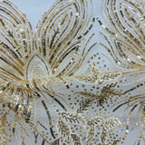 Beaded Sequined Lace Fabric Leaf Vine Design