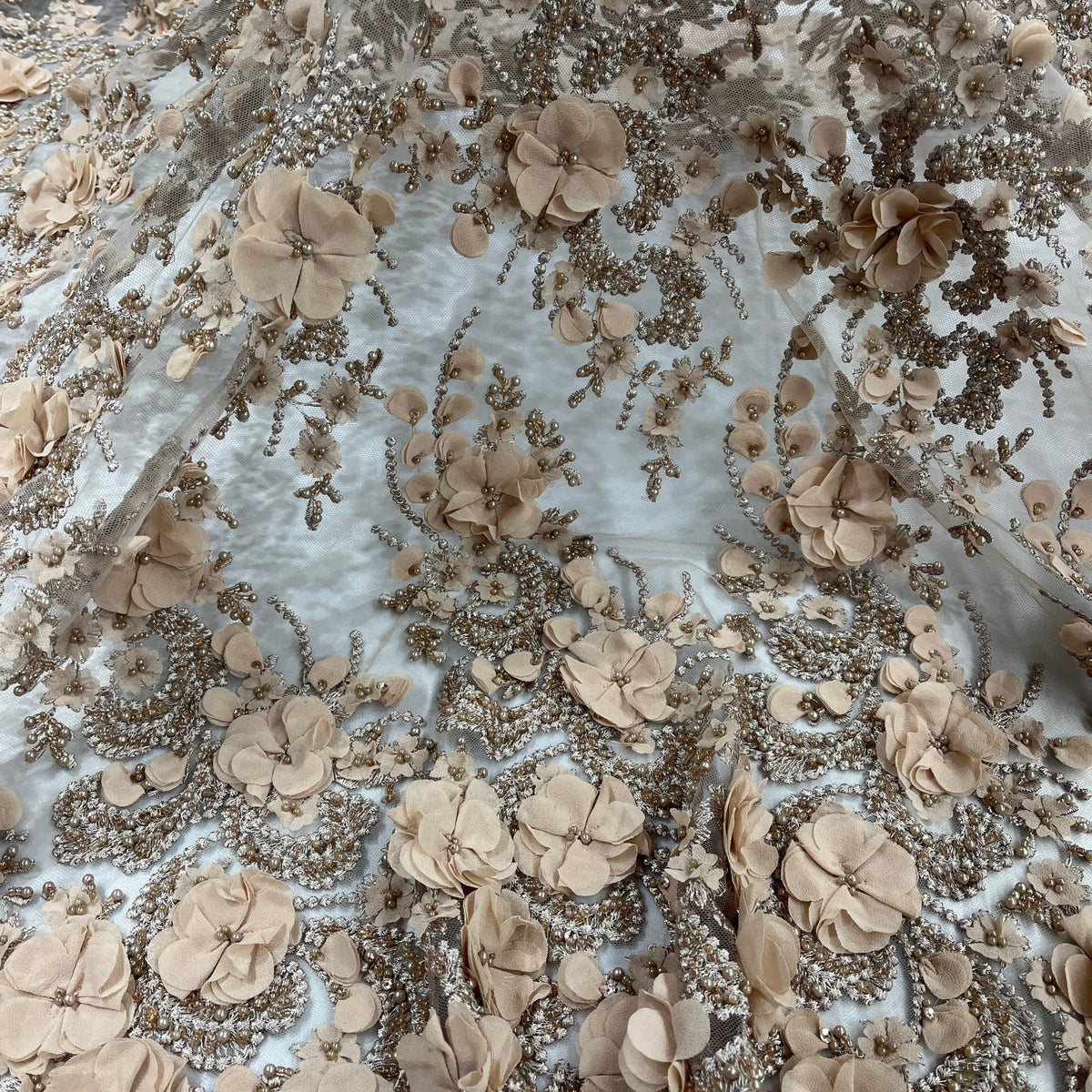 1 Yard Beaded 3D Floral Lace Fabric Embroidered on 100% Polyester Net Mesh 48" Wide