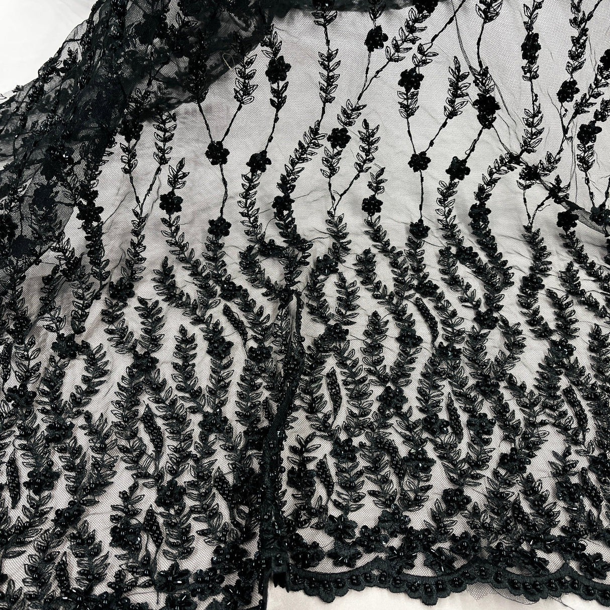 Beaded Lace Fabric on Polyester Net Mesh