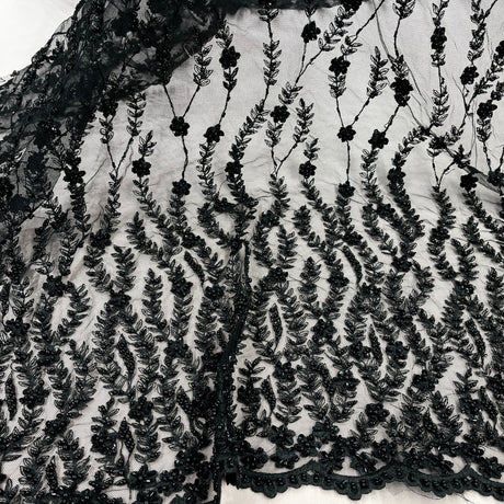 Beaded Lace Fabric on Polyester Net Mesh 50"