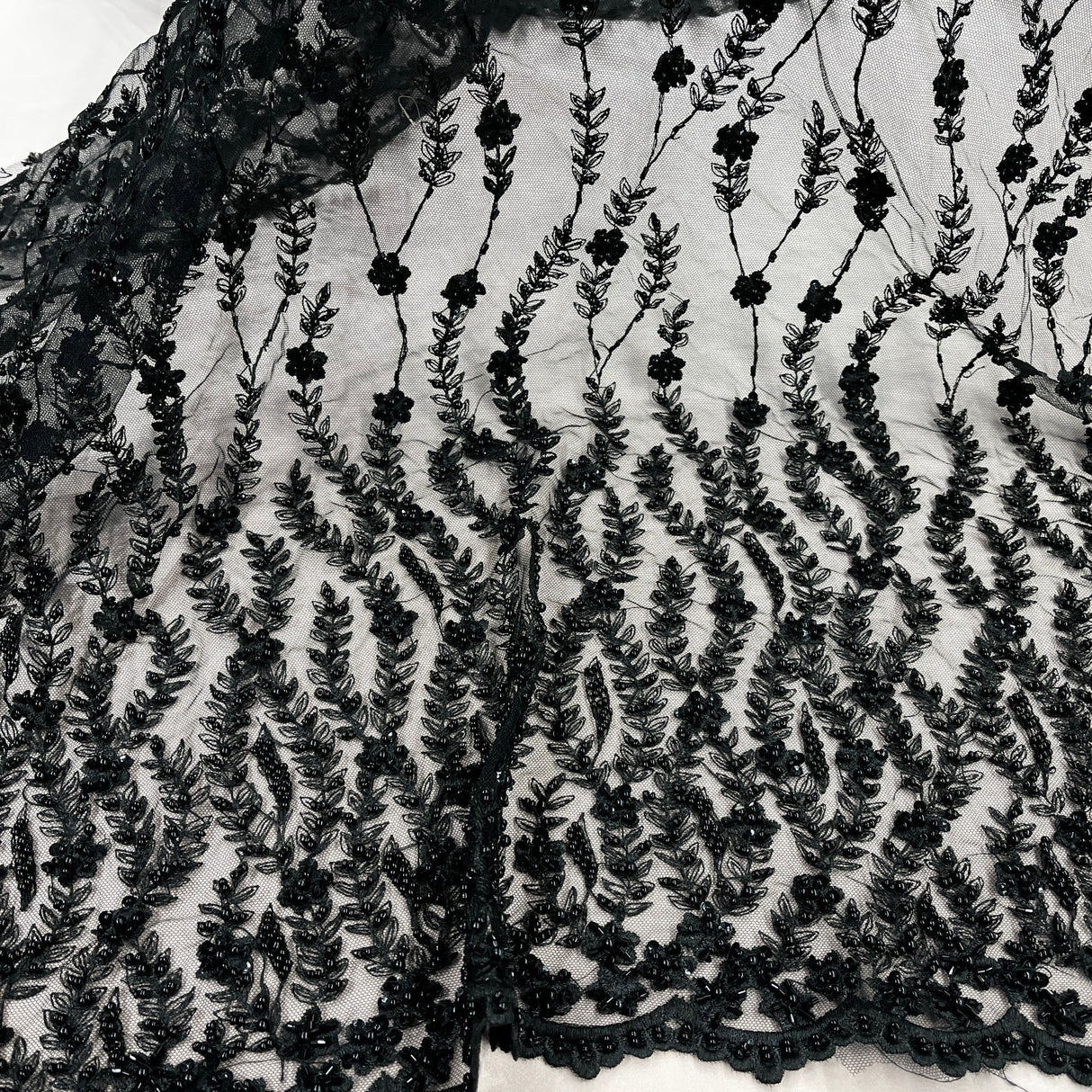 Beaded Lace Fabric Embroidered On 100 Percent Polyester Net Mesh - Silver, Black, Gold, Floral Sequin Embroidery, 50" Width (1 Yard)