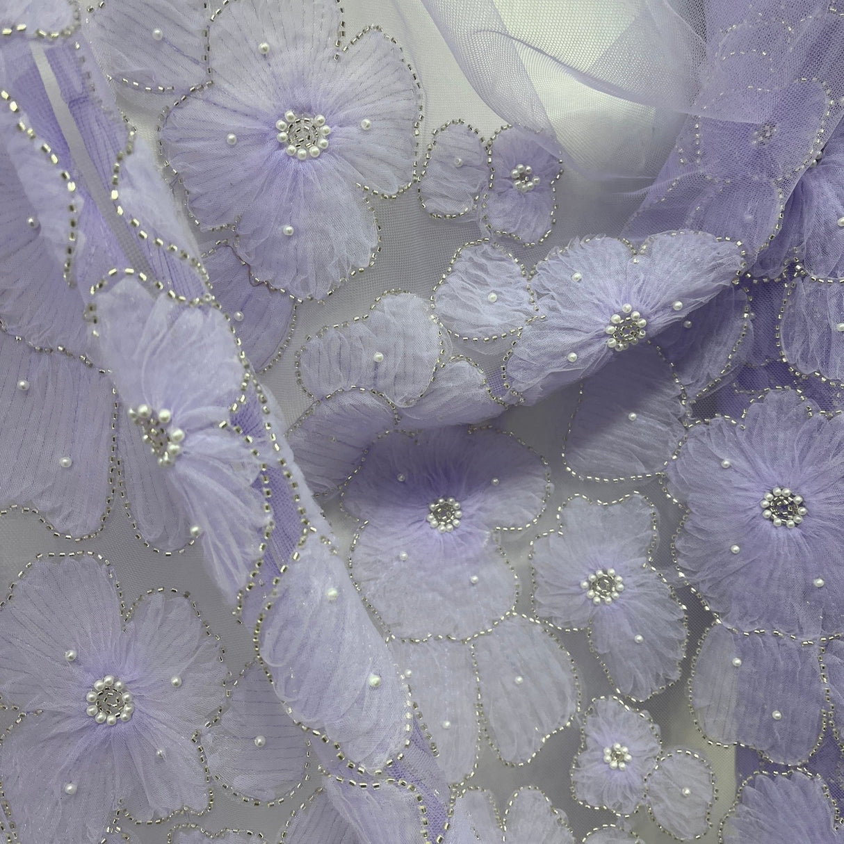 1 Yard Exquisite Champagne Beaded 3D Floral Lace Fabric on Net Mesh 52 inch Width
