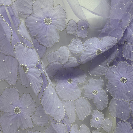 1 Yard Exquisite Champagne Beaded 3D Floral Lace Fabric on Net Mesh 52 inch Width