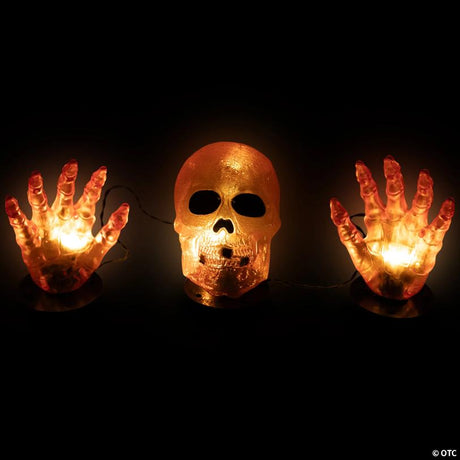 8.5-Inch Lighted Orange Skull and Hands Halloween Decoration on 4ft Black Wire