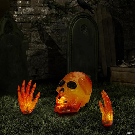 8.5-Inch Lighted Orange Skull and Hands Halloween Decoration on 4ft Black Wire