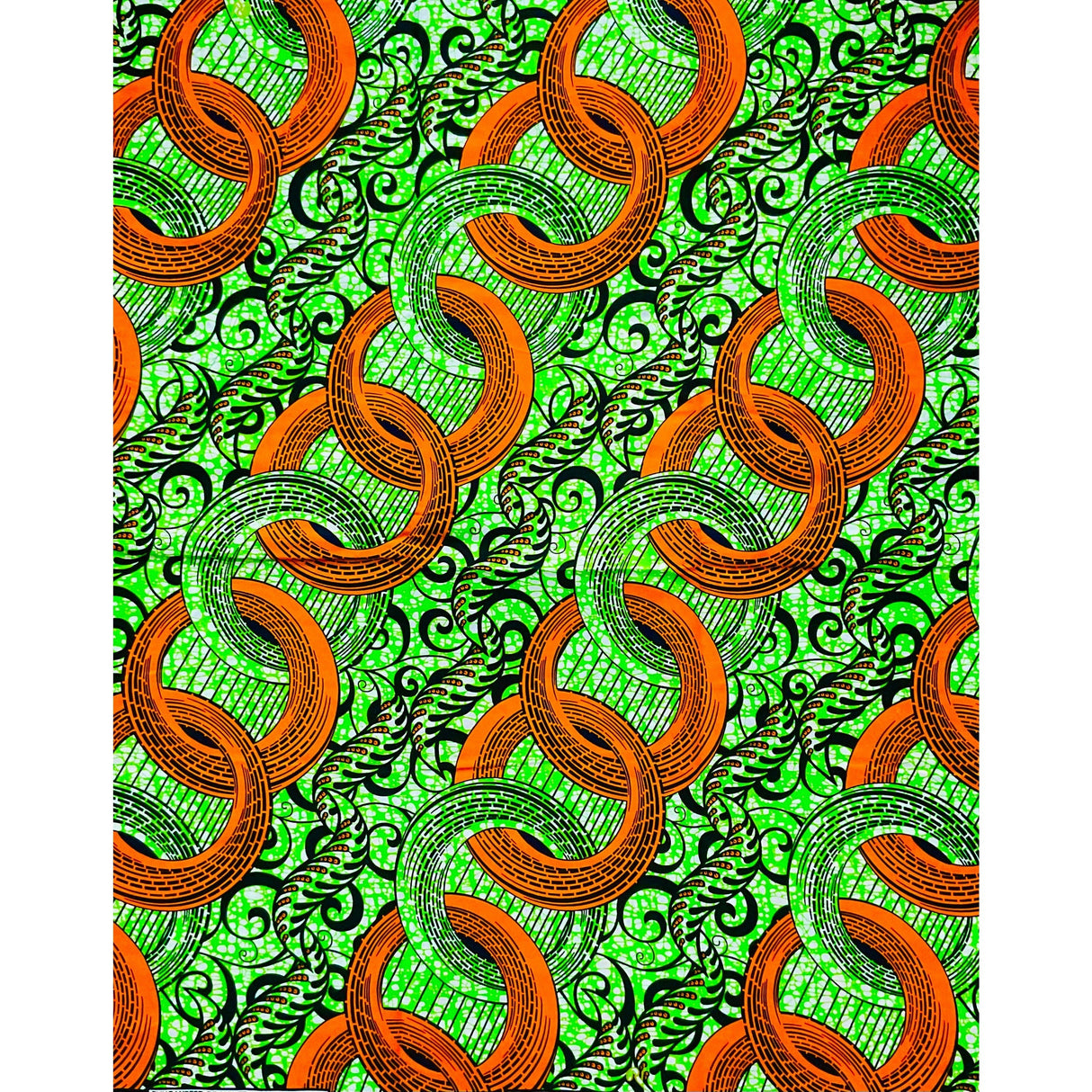 African Print Ankara Cotton Fabric - Orange, Green, Black Nuhu, 46" Width (Per Yard)