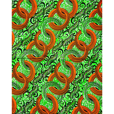 African Print Ankara Cotton Fabric - Orange, Green, Black Nuhu, 46" Width (Per Yard)
