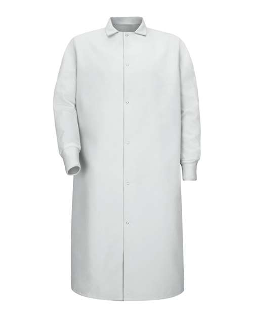 Gripper-Front Pocketless Butcher Coat With Knit Cuffs