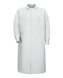 Gripper-Front Pocketless Butcher Coat With Knit Cuffs