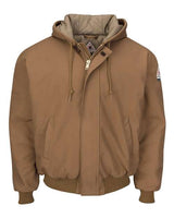 Insulated Brown Duck Hooded Jacket with Knit Trim