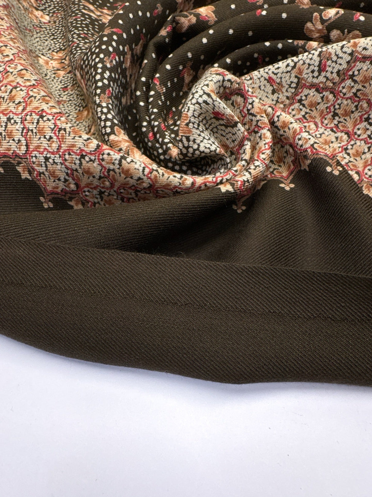 Printed Wool Blend Fabric Brown Green Floral