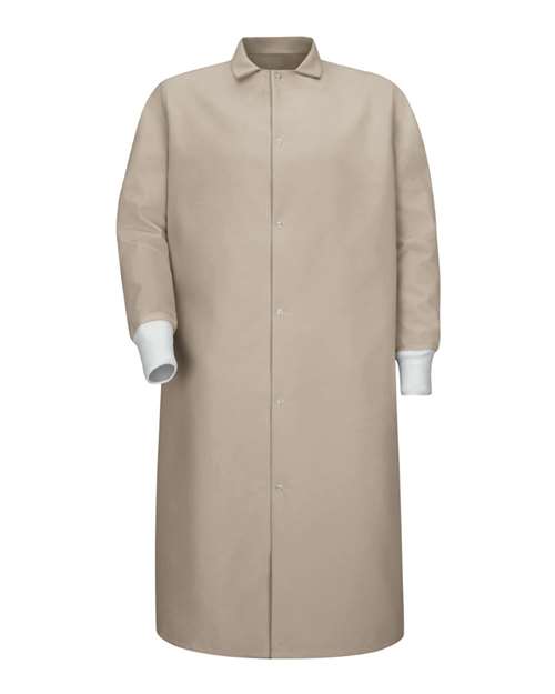 Gripper-Front Pocketless Butcher Coat With Knit Cuffs