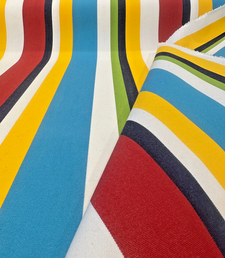 Sunbrella Panorama Carnival Acrylic Fabric - Red, Blue, Yellow Stripe, 54" Width (1 Yard)