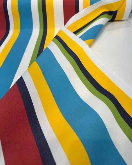 Sunbrella Panorama Carnival Acrylic Fabric - Red, Blue, Yellow Stripe, 54" Width (1 Yard)