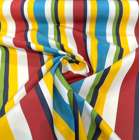 Sunbrella Panorama Carnival Acrylic Fabric - Red, Blue, Yellow Stripe, 54" Width (1 Yard)
