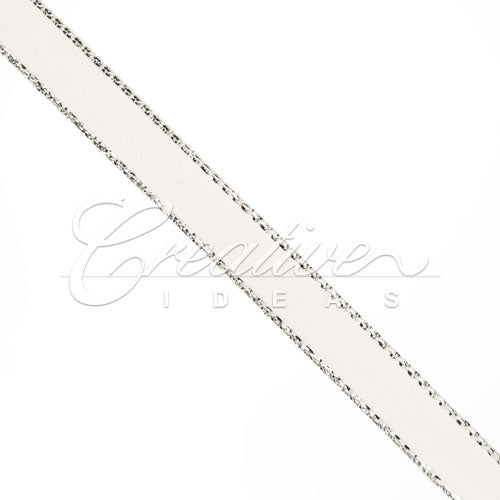 3/8" Satin With Silver Edge Ribbon - 50 Yards (White)