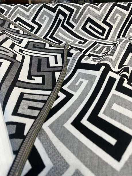 Sunbrella Network Labyrinth Black Milliken Upholstery Outdoor Fabric - Black Gray Geometric Labyrinth Pattern, 54" Width (1 Yard)
