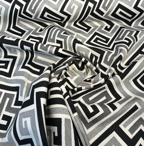 Sunbrella Network Labyrinth Black Milliken Upholstery Outdoor Fabric - Black Gray Geometric Labyrinth Pattern, 54" Width (1 Yard)