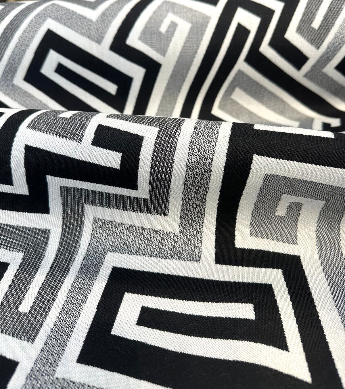Sunbrella Network Labyrinth Black Milliken Upholstery Outdoor Fabric - Black Gray Geometric Labyrinth Pattern, 54" Width (1 Yard)