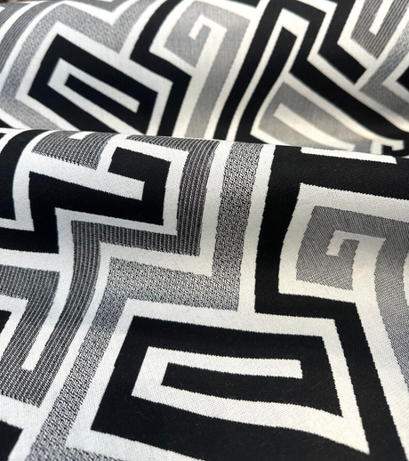 Sunbrella Network Labyrinth Black Milliken Upholstery Outdoor Fabric - Black Gray Geometric Labyrinth Pattern, 54" Width (1 Yard)