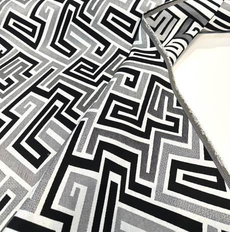 Sunbrella Network Labyrinth Black Milliken Upholstery Outdoor Fabric - Black Gray Geometric Labyrinth Pattern, 54" Width (1 Yard)