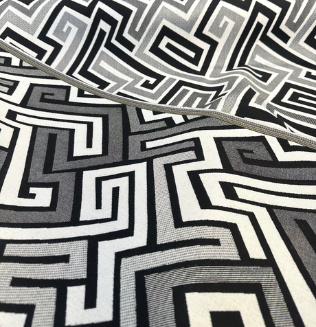 Sunbrella Network Labyrinth Black Milliken Upholstery Outdoor Fabric - Black Gray Geometric Labyrinth Pattern, 54" Width (1 Yard)