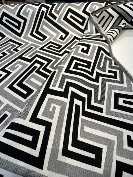 Sunbrella Network Labyrinth Black Milliken Upholstery Outdoor Fabric - Black Gray Geometric Labyrinth Pattern, 54" Width (1 Yard)