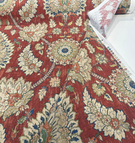Waverly Castleford Garnet 100 Percent Cotton Fabric - Damask Print, Red Yellow Beige Blue, 54" Width (By The Yard)