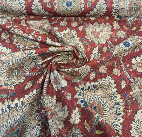 Waverly Castleford Garnet 100 Percent Cotton Fabric - Damask Print, Red Yellow Beige Blue, 54" Width (By The Yard)