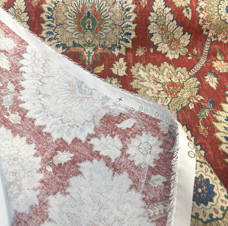 Waverly Castleford Garnet 100 Percent Cotton Fabric - Damask Print, Red Yellow Beige Blue, 54" Width (By The Yard)